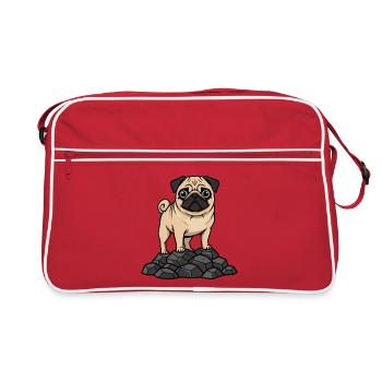 Mops auf Fels-Porträt Rehkitz süß - Retro Tasche - Rot/Weiß - Vorne