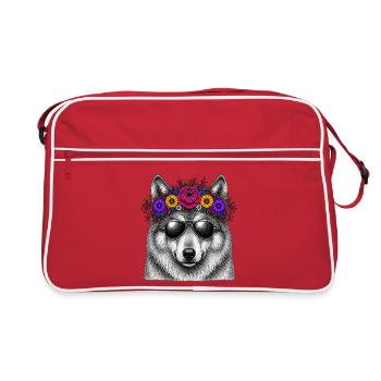 Wolf with flower wreath and sunglasses - Retro Bag - red/white - Front
