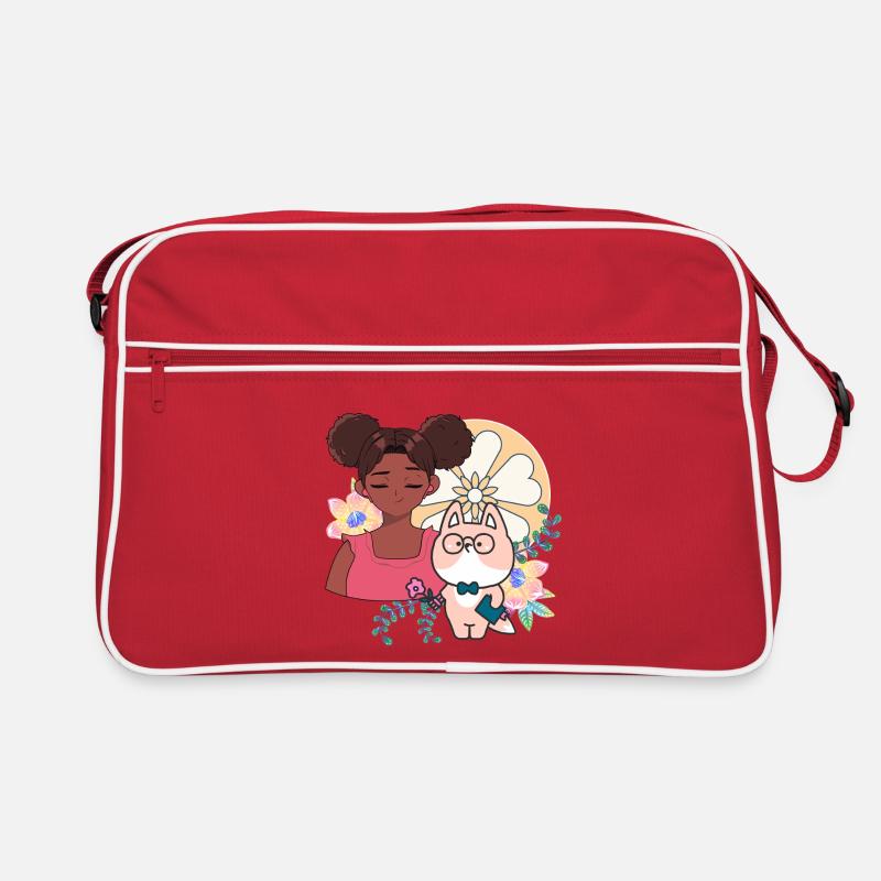 Kawaii-Mädchen, Cyborg-Hund und Blumen Retro Tasche