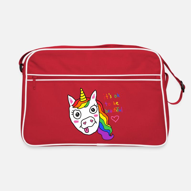 Es ist okay, ein schönes Regenbogen-Einhorn zu sein - Retro Tasche - Rot/Weiß