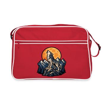 Loup hurlant sous lune en montagne - Sac Retro - rouge/blanc - Devant