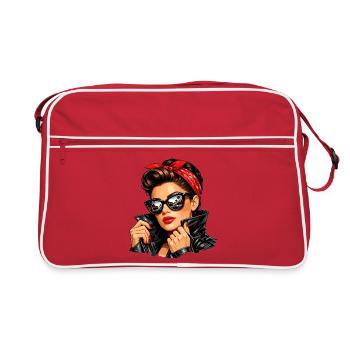 Fille pin-up cool en veste en cuir et lunettes de soleil - Sac Retro - rouge/blanc - Devant