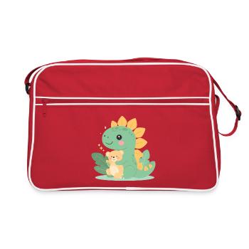 Petit dinosaure de dessin animé avec un ours en peluche – Mignon - Sac Retro - rouge/blanc - Devant