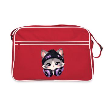 Lila DJ-Katze mit Kopfhörern - Retro Tasche - Rot/Weiß - Vorne