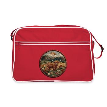 Champ de vaches des Highlands dans un paysage montagneux - Sac Retro - rouge/blanc - Devant