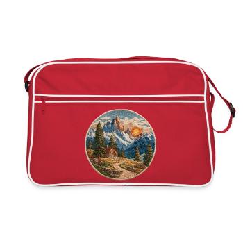 Mountain Landscape Patch with Cabin - Retro Bag - red/white - Front