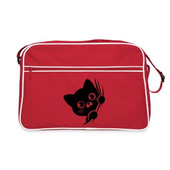 Verdutzte Katze hinter dem Vorhang - Retro Tasche - Rot/Weiß - Vorne