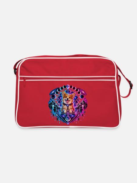 Kosmischer Corgi – Mandala & Galaxie - Retro Tasche - Rot/Weiß