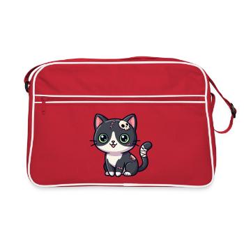 Niedliche Cartoon-Zombiekatze mit Stichen, Totenkopf-Tattoo - Retro Tasche - Rot/Weiß - Vorne