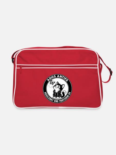 ADHS Antifa – Abgelenkt und trotzdem da Katze - Retro Tasche - Rot/Weiß