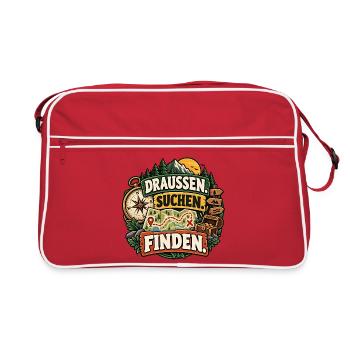 Draußen. Suchen. Finden. Geocaching / Schatzsuche - Retro Tasche - Rot/Weiß - Vorne