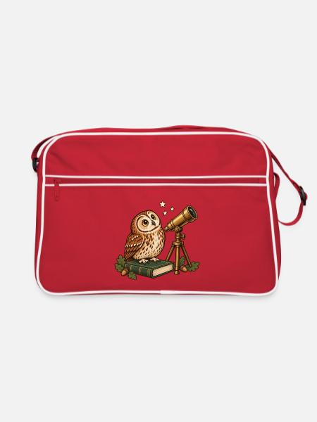 Eule mit Teleskop - Retro Tasche - Rot/Weiß