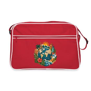 Weltreise Globus mit Landmarken - Retro Tasche - Rot/Weiß - Vorne