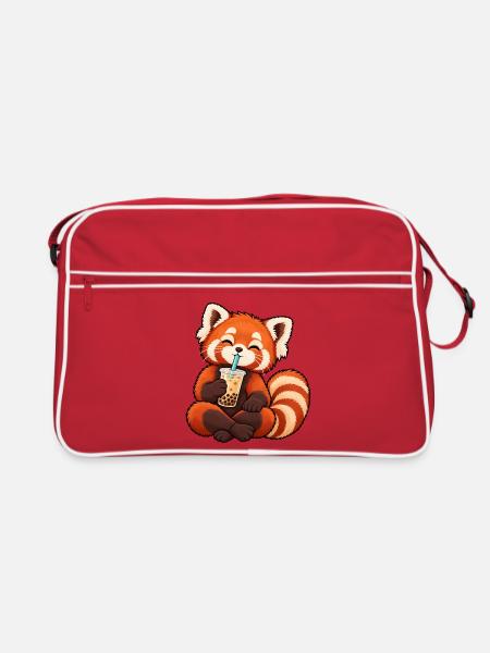 Kreuzbeiniger roter Panda trinkt Bubble Tea - Retro Tasche - Rot/Weiß