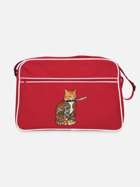 Tattoo Katze mit Messer - Retro Tasche - Rot/Weiß