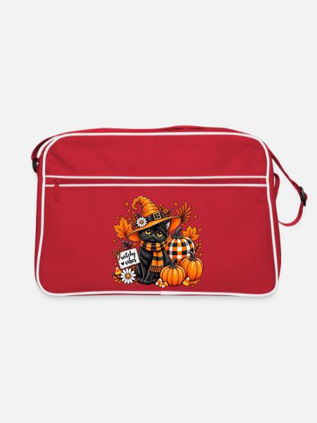 Witchy Vibes Schwarze Katze Halloween-Kürbis - Retro Tasche - Rot/Weiß