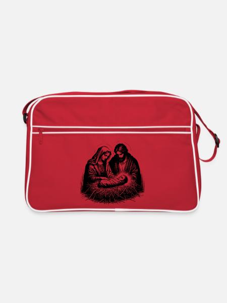 Maria und Josef betrachten den neugeborenen Jesus - Retro Tasche - Rot/Weiß