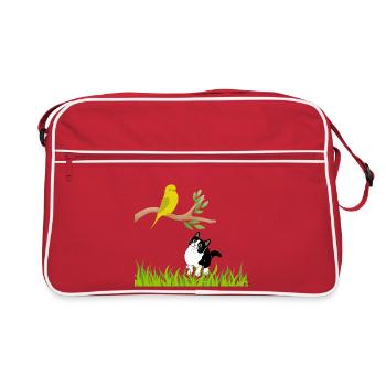 Sonniger Singvogel und Neugierige Katze - Retro Tasche - Rot/Weiß - Vorne