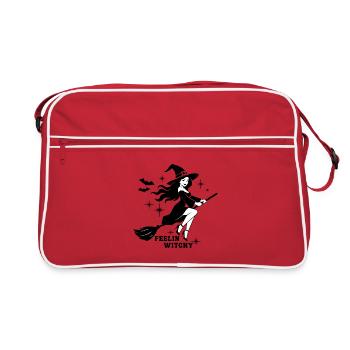 Feelin Witchy Halloween Shirt – Hexe auf Besen - Retro Tasche - Rot/Weiß - Vorne