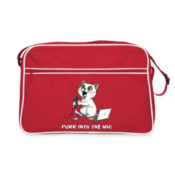 Lustiger Katzen-Podcaster am Laptop - Retro Tasche - Rot/Weiß - Vorne