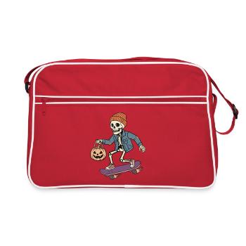 Skelett auf einem Skateboard – Halloween - Retro Tasche - Rot/Weiß - Vorne
