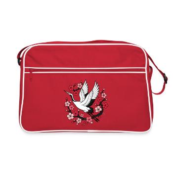 Kranich Kirschblüten Japan Natur Vektor Shirt - Retro Tasche - Rot/Weiß - Vorne