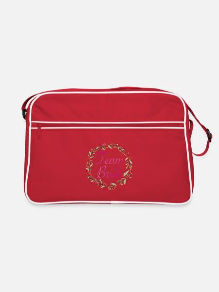 Team Bride mit Blumenkranz pinker Schriftzug - Retro Tasche - Rot/Weiß