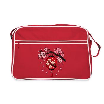 Japanische Lampion Sakura Kirschblüte Vektor Shirt - Retro Tasche - Rot/Weiß - Vorne