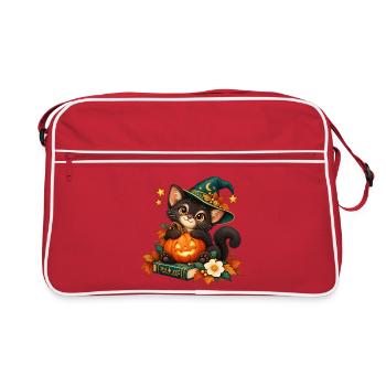 Halloween-Katze mit verzaubertem Kürbis - Retro Tasche - Rot/Weiß - Vorne
