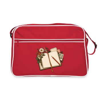 Journaling - Notizbuch mit Blumen und Bleistift - Retro Tasche - Rot/Weiß - Vorne