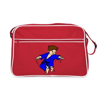 Blue suit Karate child or judo child with black belt - Retro Bag - red/white - Front