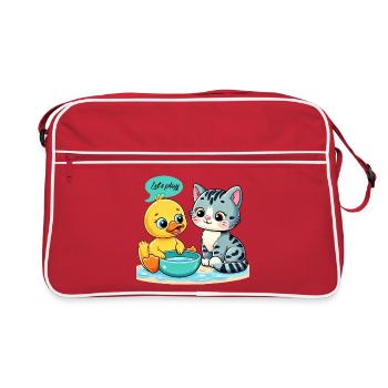 Whimsical Duck and Cat Play Scene - Retro Bag - red/white - Front