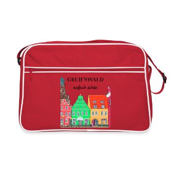 Greifswald Einfach schön, Fassaden am Fischmarkt - Retro Tasche - Rot/Weiß - Vorne