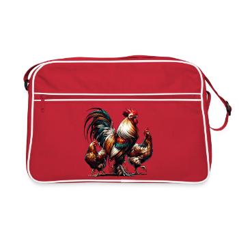 Magnificent colorful rooster with two hens in the yard - Retro Bag - red/white - Front