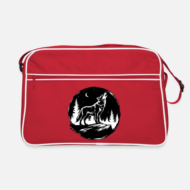 Black-and-White Stencil: Howling Wolf on a Rock Retro Bag