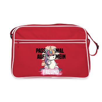 Freches Einhorn – Pass auf mein Freund! - Retro Tasche - Rot/Weiß - Vorne