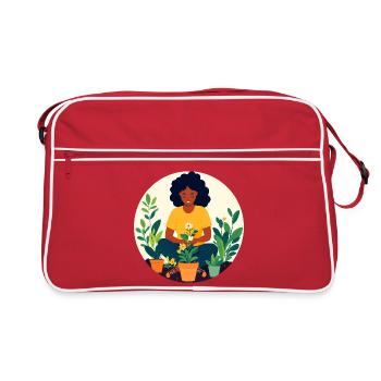 Frau beim Pflanzen eintopfen Topf Garten Motiv - Retro Tasche - Rot/Weiß - Vorne