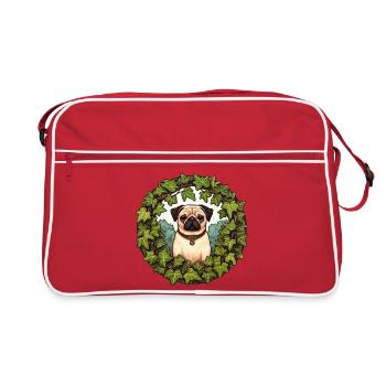 Pug in Ivy Wreath - Retro Bag - red/white - Front