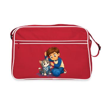 Boy gently frees cat from blue ball of wool - Retro Bag - red/white - Front