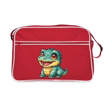 Fröhlicher Krokodil Dino mit großen Augen - Retro Tasche - Rot/Weiß - Vorne