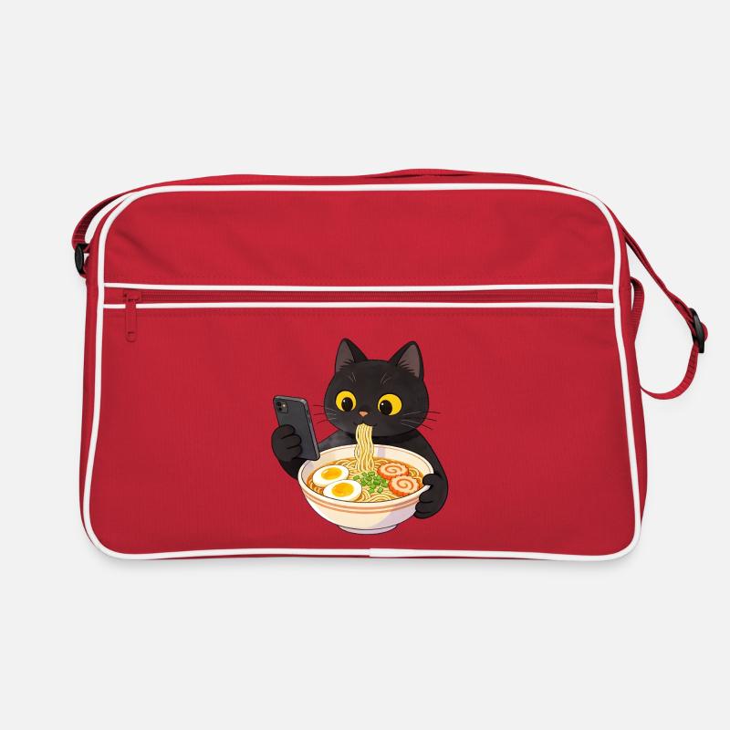 Schwarze Katze mit Smartphone und Ramen Nudeln - Retro Tasche - Rot/Weiß