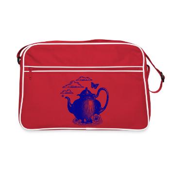 Blauer Teekessel im Wolkenzauber - Retro Tasche - Rot/Weiß - Vorne
