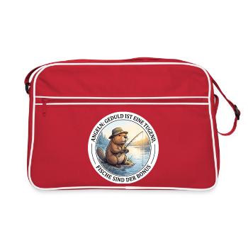 Angeln Geduld Petrijünger Biber Angler T-Shirt - Retro Tasche - Rot/Weiß - Vorne