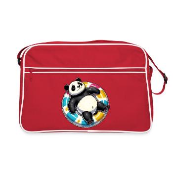 Ein relaxter Panda auf einem Schwimmreifen - Retro Tasche - Rot/Weiß - Vorne