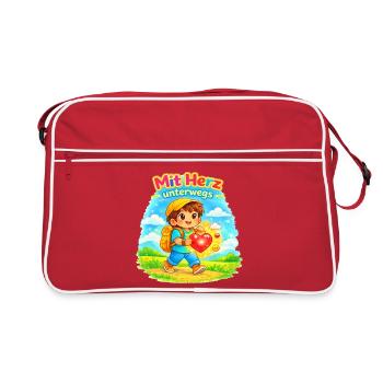  Mit Herz unterwegs - macht die Welt besser - Retro Tasche - Rot/Weiß - Vorne
