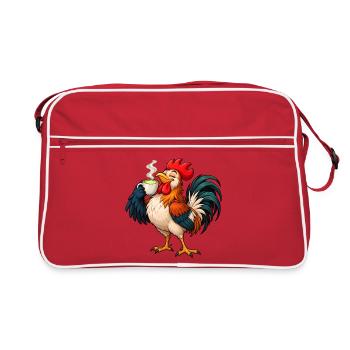  Hahn mit Matcha Latte – Lustiges Tiermotiv - Retro Tasche - Rot/Weiß - Vorne
