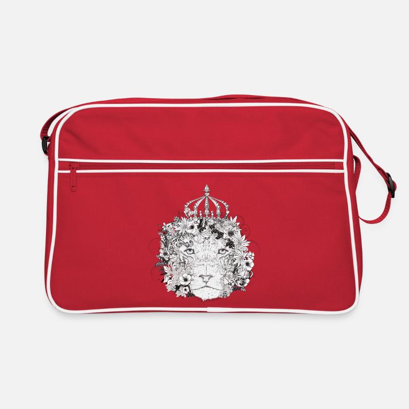majestätisch geschmückter Löwe mit Blumen & Krone - Retro Tasche - Rot/Weiß