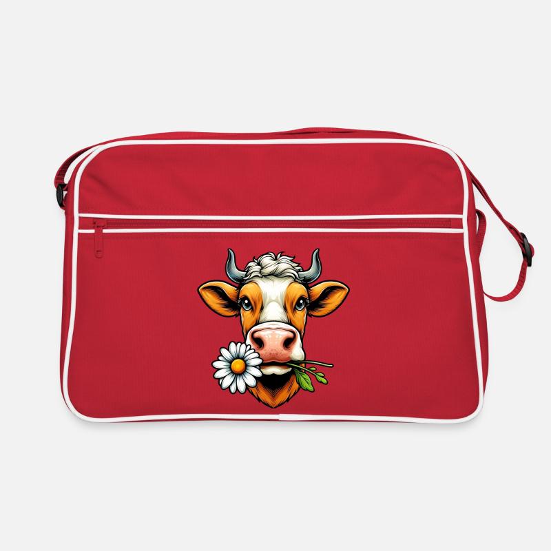 Kuh mit einer Gänseblümchenblume im Maul Blumen Retro Tasche