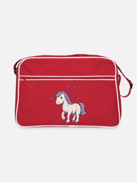 Süßes Pony mit Schmetterlingen - Retro Tasche - Rot/Weiß - Vorne