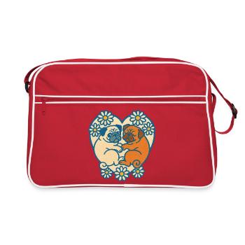Verspieltes Mops-Paar-Herz-Design - Retro Tasche - Rot/Weiß - Vorne